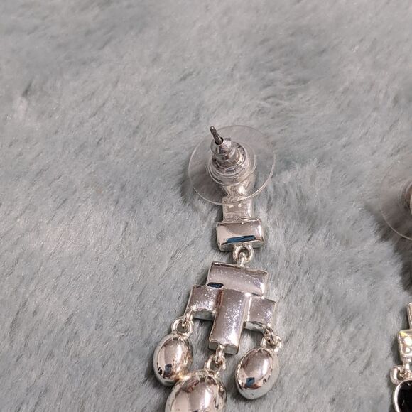 Vintage Black & Clear Rhinestone Pierced Dangle Earrings - Picture 8 of 10